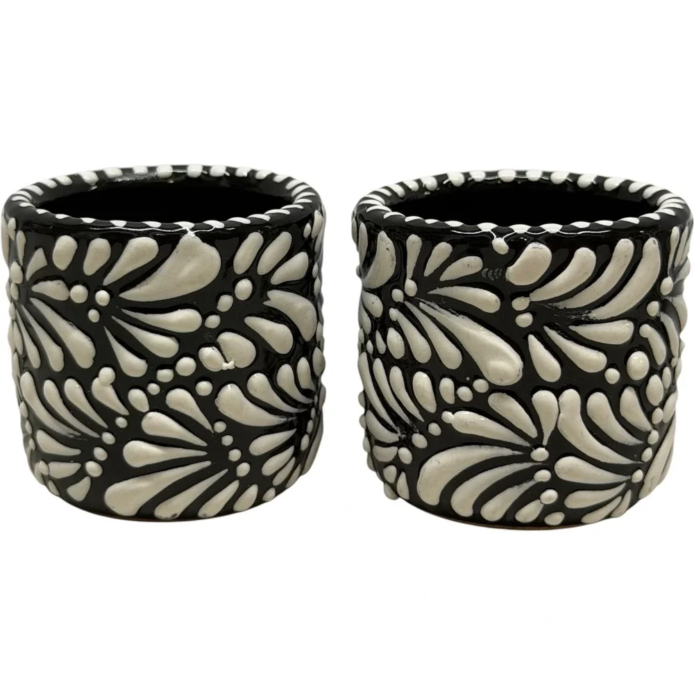 Handmade Talavera Shot Glasses Black White Floral Ceramic Set of 4 Vintage Style